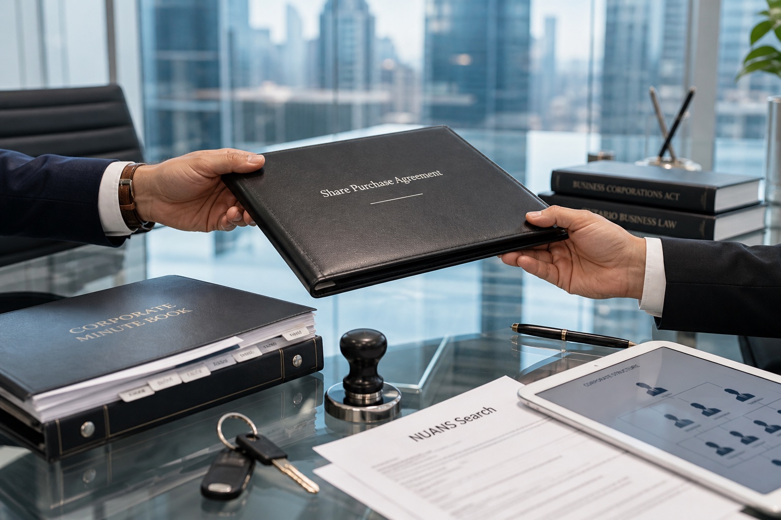 Corporate commercial deal closing at a Toronto boardroom table